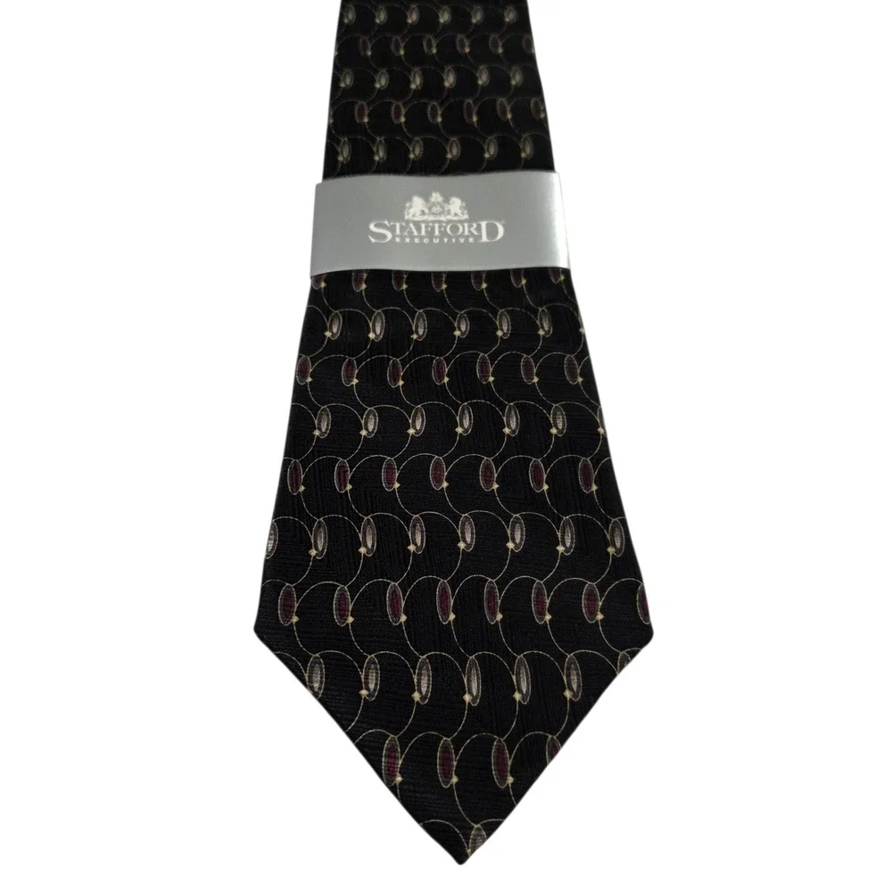 NWT Stafford Executive Mens Necktie Black Red Silk‎ Woven Circle Wide Classic